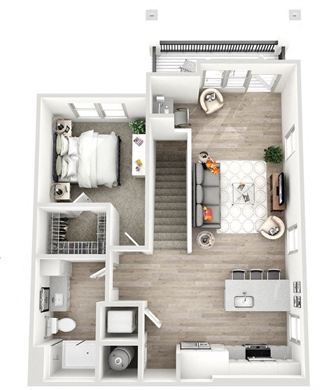 a stylized floor plan of a 1 bedroom apartment